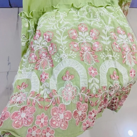 Full flaired beautifully embroidered pastel green gown for party wear - Picture 9 of 11